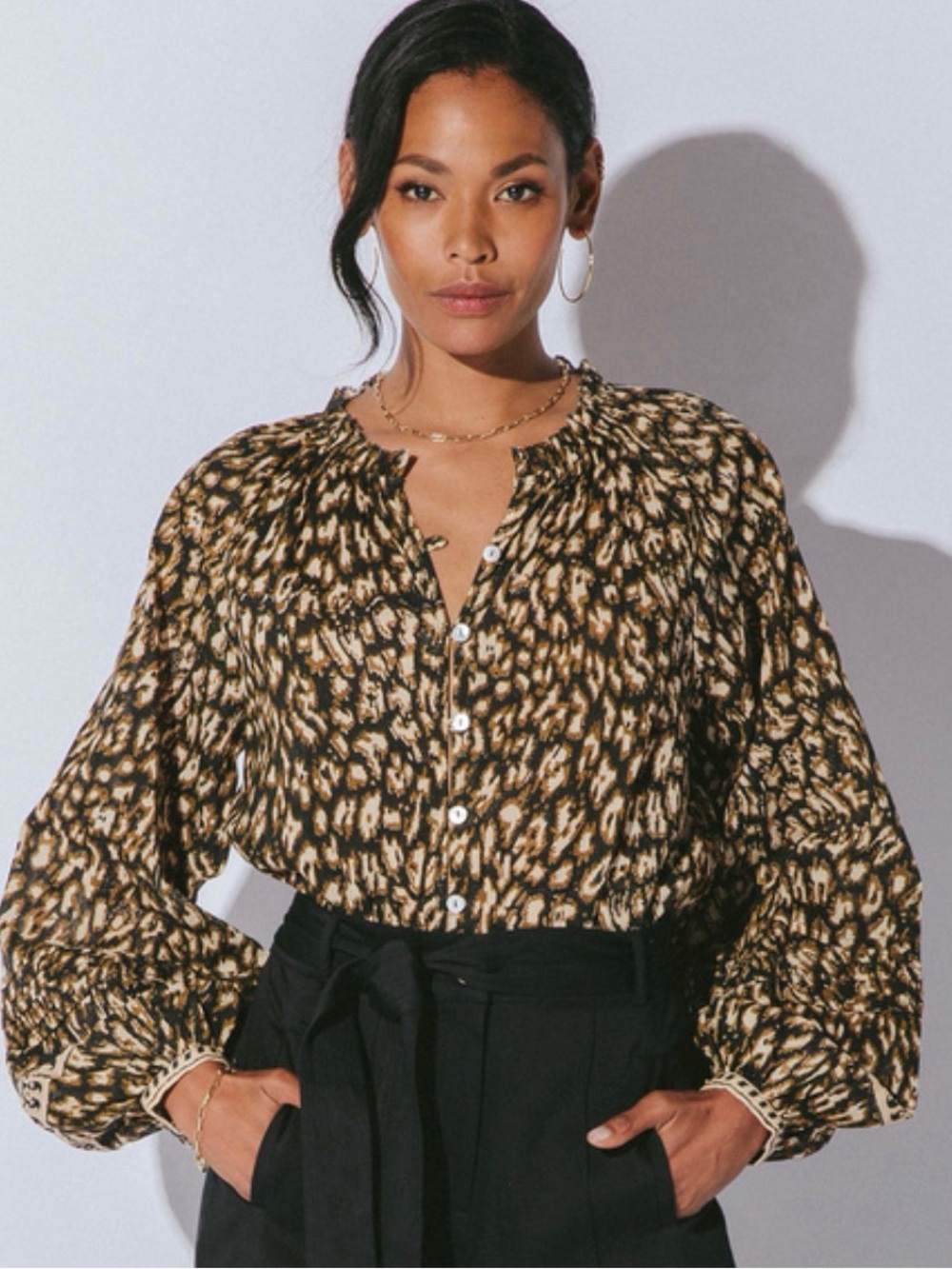 Cleobella Black and Brown Printed Button-Front Blouse